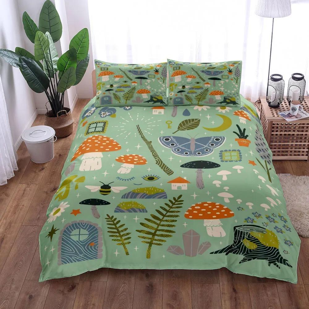 Duvet pillowcase, mushroom bedding set, forest plant print home Bedroom decor for kids boy gift comforter sets