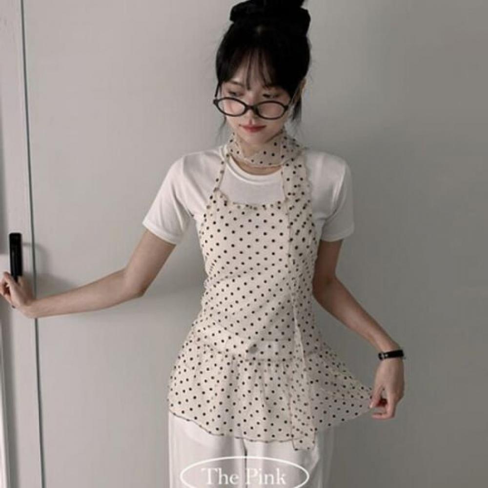The Pink Women Valley Dot Halter Sheer Flare Tank Top + Muffler Set