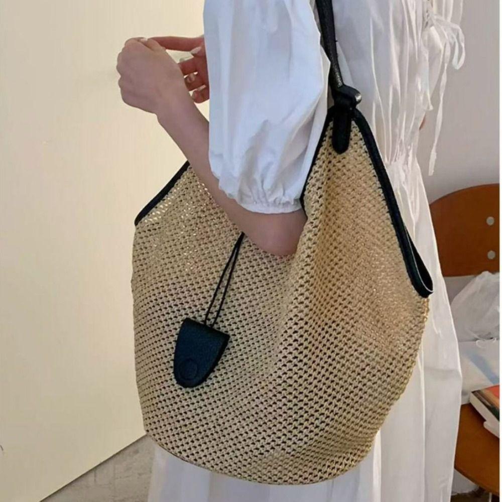 Parent Shoulder Bag Straw Woven Bag Tote Bagwith Sunglasses Clip Hollow Shoulder Bag  Travel