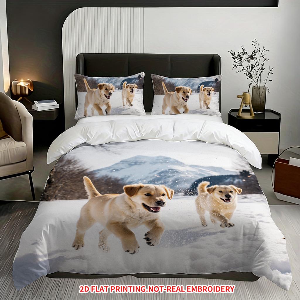 Pillowcase Quilt Cover Three-Piece Set,Lively Golden Retriever Snow Running Pattern,Strong And Durable,Machine Washable