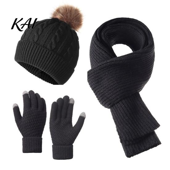 Soft Acrylic Cold Weather Gear Winter Hat Scarf Gloves Set, Knitted Pom Warm Thermal Stylish Outdoor Skiing And Hiking Sets Gloves, Solid Color