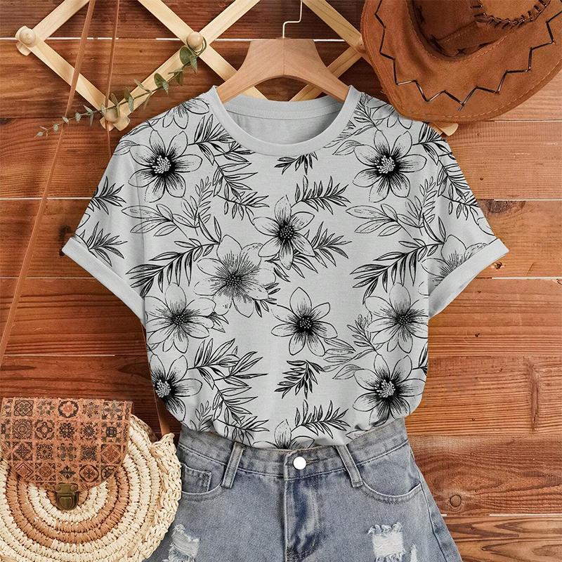Fashion Women Creative Line Flower Print T Shirt Funny Casual O-neck Short Sleeves T-shirt Summer Female Tee Shirt