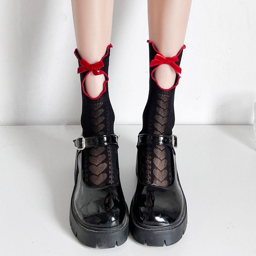 Hollow Out Women Lolita Socks Mesh Jk Hosiery Cute Bow Lace Socks  Lady