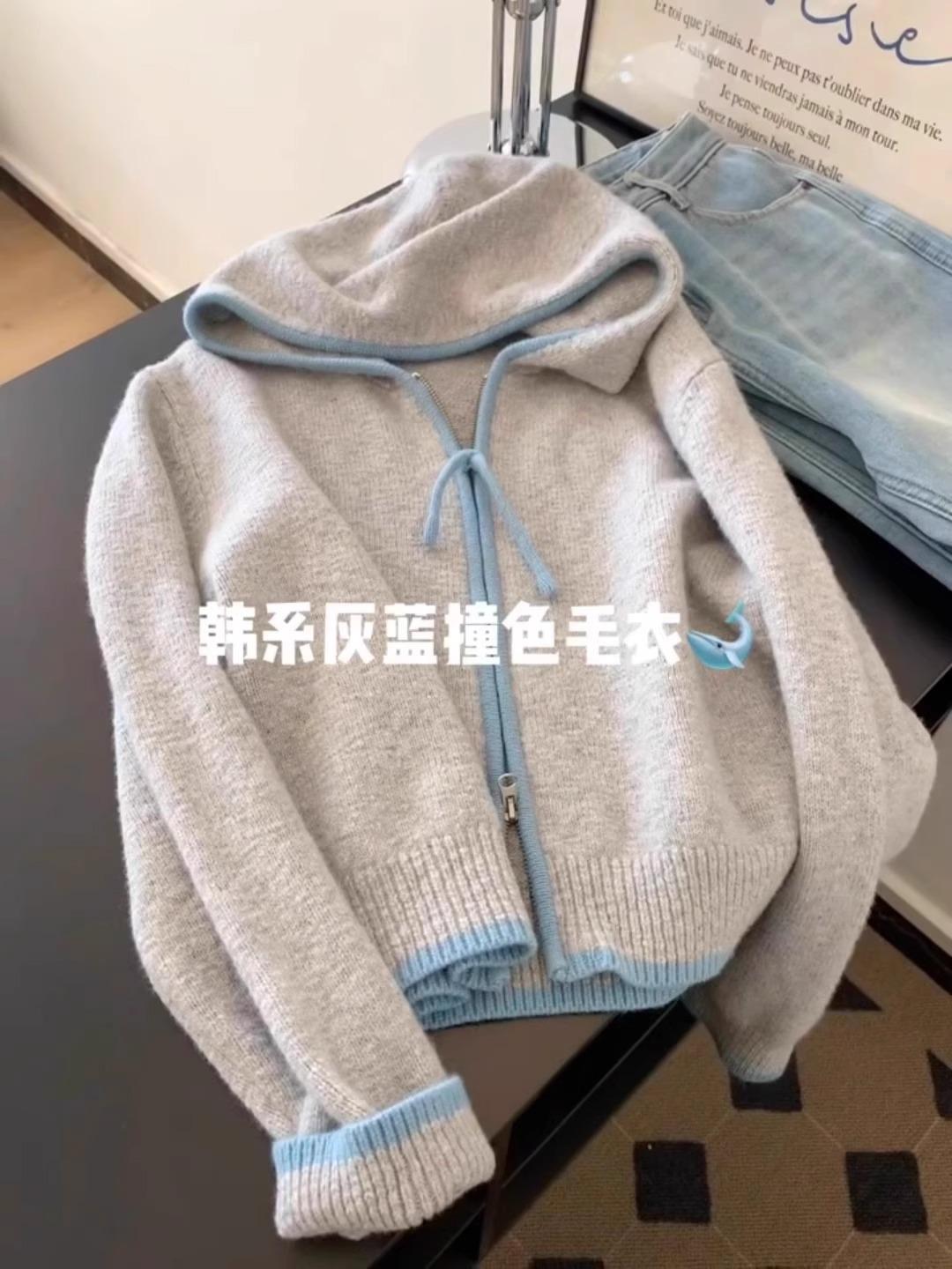 

Hooded knitted cardigan women s high-end autumn and winter new contrasting color zipper casual soft waxy sweater top one size fits all сірий колір