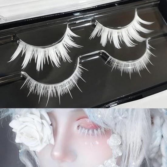 False Eyelashes 2 Pairs Cosplay White Natural Design Costume Party Halloween Idol Style Reusable Handmade Upper Lower Everyday Makeup Stage Use