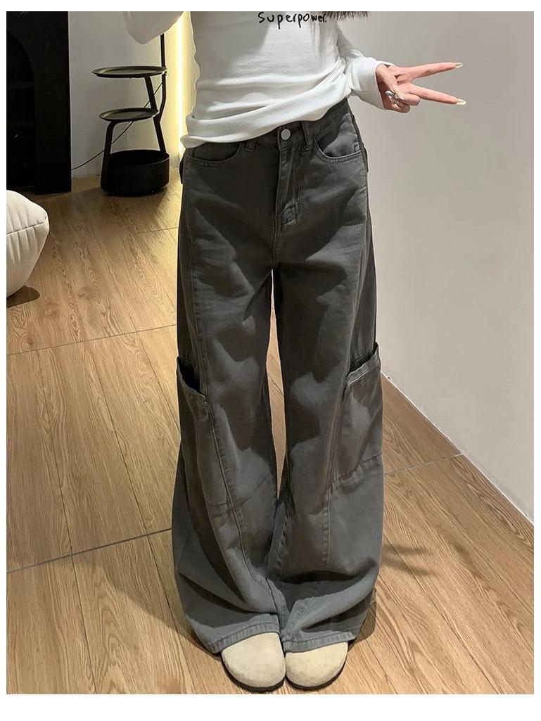 

Plus Size Wide Leg Cargo Jeans for Women - American Style, Pear Shape, Casual & Slimming Fit for Spring & Autumn 3XL темно-серого