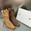 Lazy Stylish Leather Western Cowboy Boots Women's Pointed Medium Boots Pleated Pile Boots Thick Heel Martin Boots