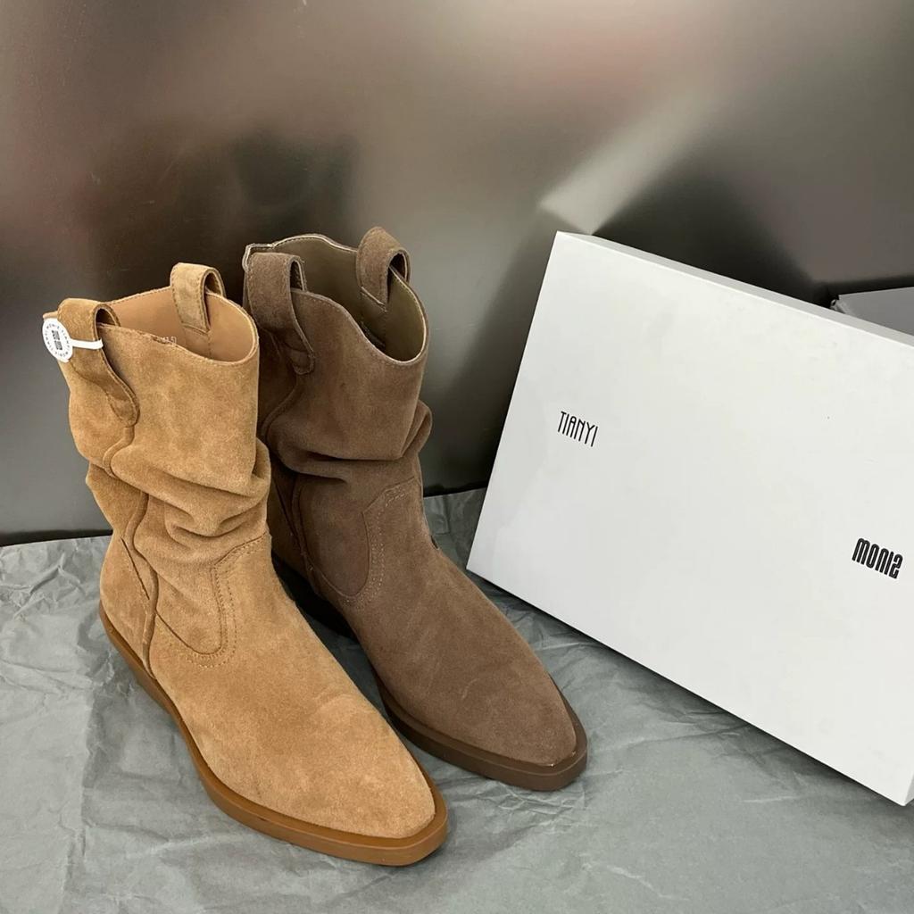 Lazy Stylish Leather Western Cowboy Boots Women's Pointed Medium Boots Pleated Pile Boots Thick Heel Martin Boots
