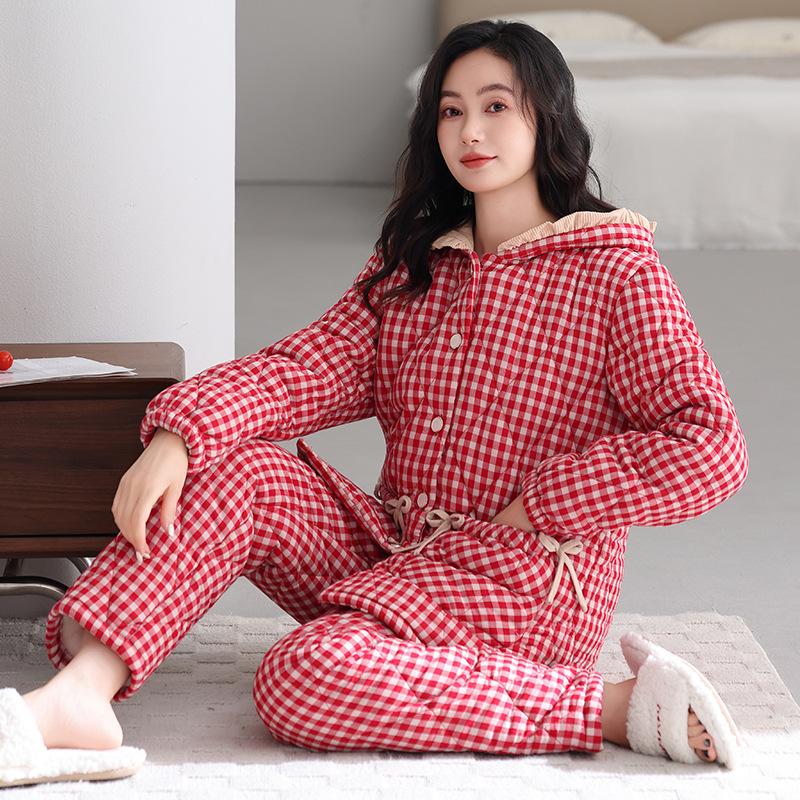 Pajamas Women'S Winter Three-Layer Thickened Velvet Woven Cotton Padded Autumn And Winter Models Can Be Worn Outside Warm Loungewear Set