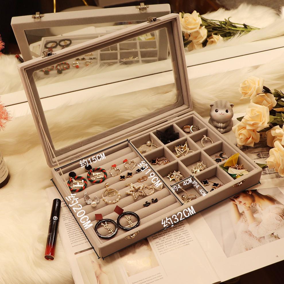 Large Glass Stud Earring Jewelry Storage Box - Dustproof Desktop Organizer Case