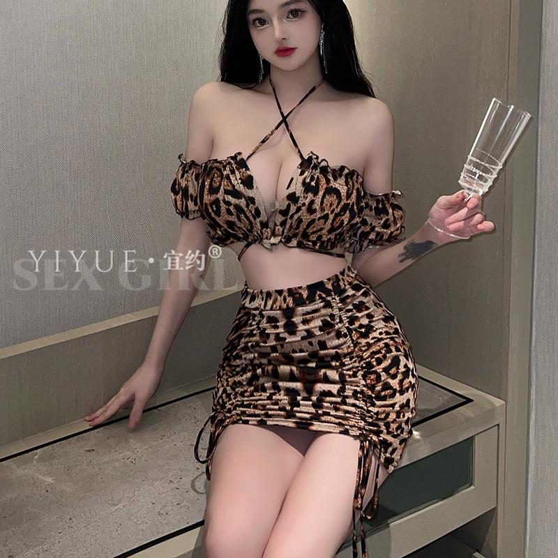 Erotic Underwear, sexy leopard print cutout hip-hugging dress, women's slimming, nightclub role-playing uniform, pajamas 8600