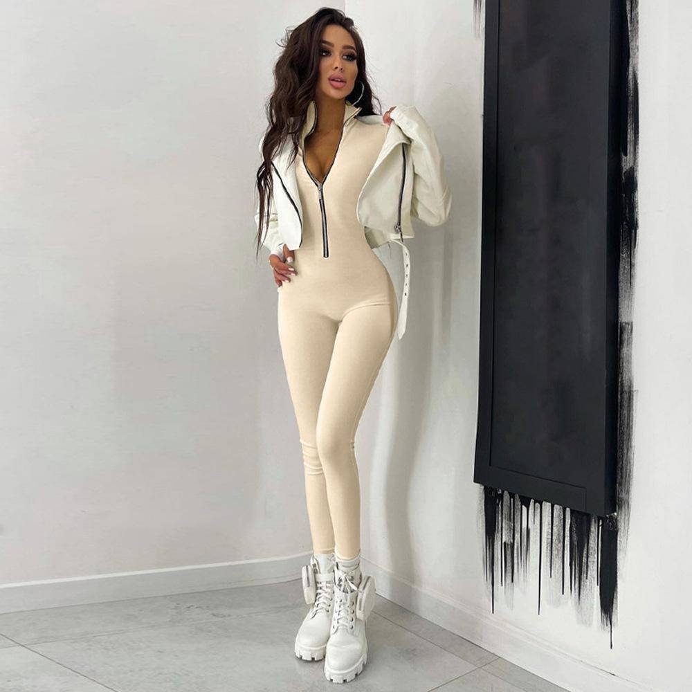 Women's Long Sleeve Autumn and Winter Long Zip Slim Jumpsuit