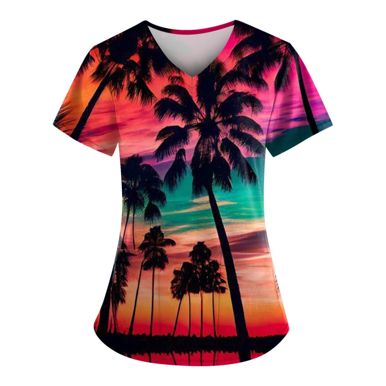 

Гавайский топ для женщин, модные топы с коротким рукавом и V-образным вырезом с принтом, рабочие футболки с карманами XXXL чёрный