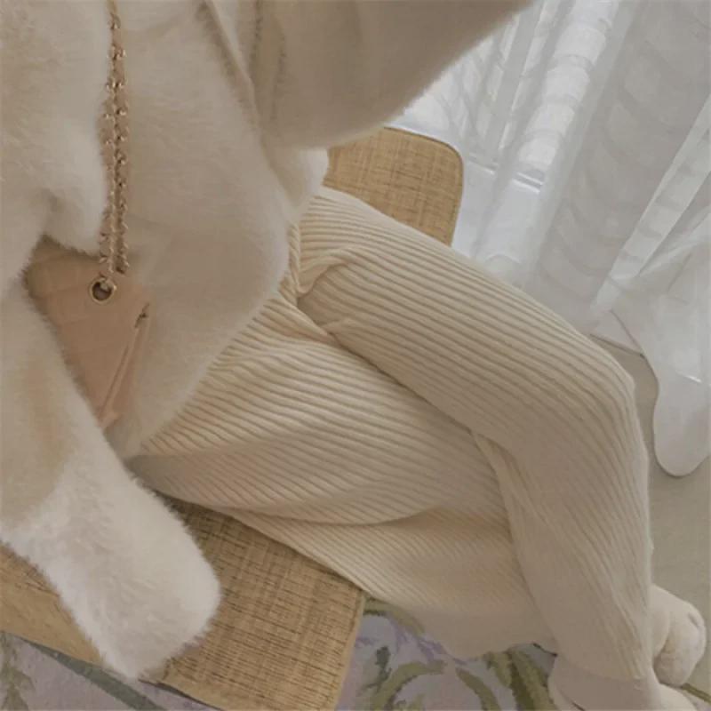 

Широкие брюки из розовой шерсти с высокой талией - Женские универсальные трикотажные брюки на осень и зиму L абрикосовый