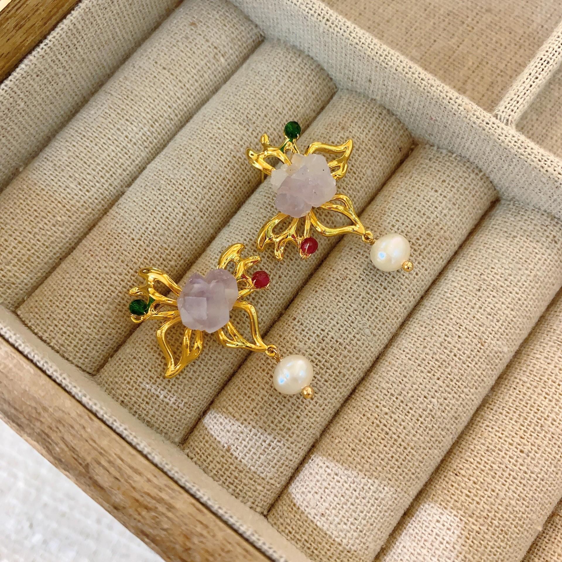 Medieval Style Niche Retro Amethyst Stone Earrings Light Luxury Temperament High-End Earrings Niche Design Ear Holes