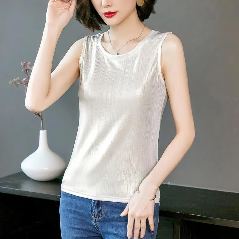 WTEMPO Elegant Shiny Ice Silk Sleeveless Vests Women's Spring Summer Loose Large Size Solid Color Outerwear Tops