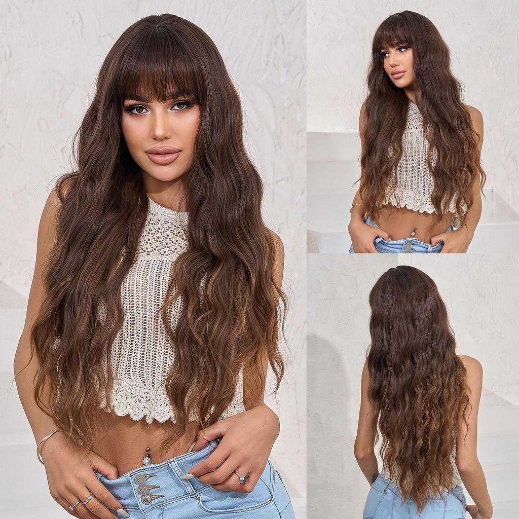 Wigs, Qi Bangs Big Waves Long Curly Hair Gradual Change Brown High Temperature Silk Chemical Fiber Wig Headgear