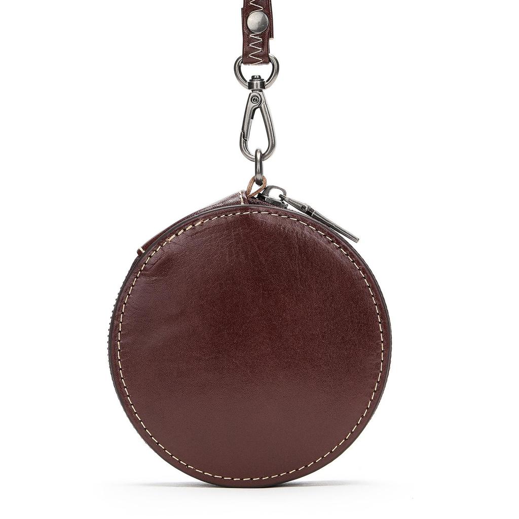 Genuine Leather Creative Mini Round Coin Purse with Lanyard