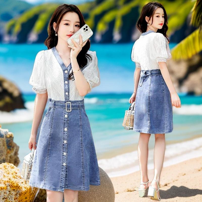 Fashionable Summer Women Dress Small Fragrance Style Lace Patchwork Denim V-Neck Unique Design