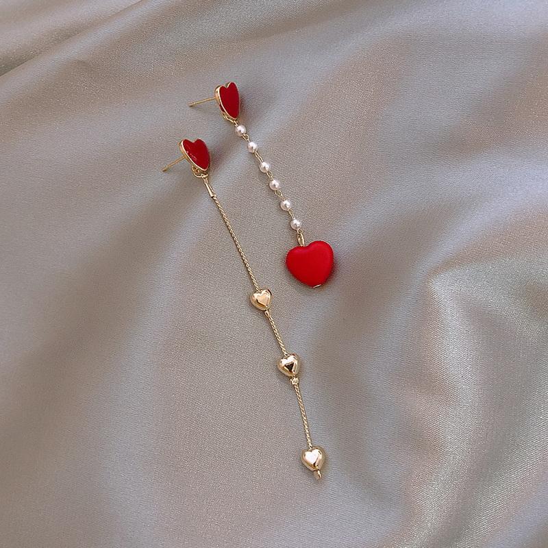 Delicate Asymetric Heart Love Modeling Pendant Ear Line for Women Long Tassel Heart Drop Earrings Fashion Party Jewelry Gifts