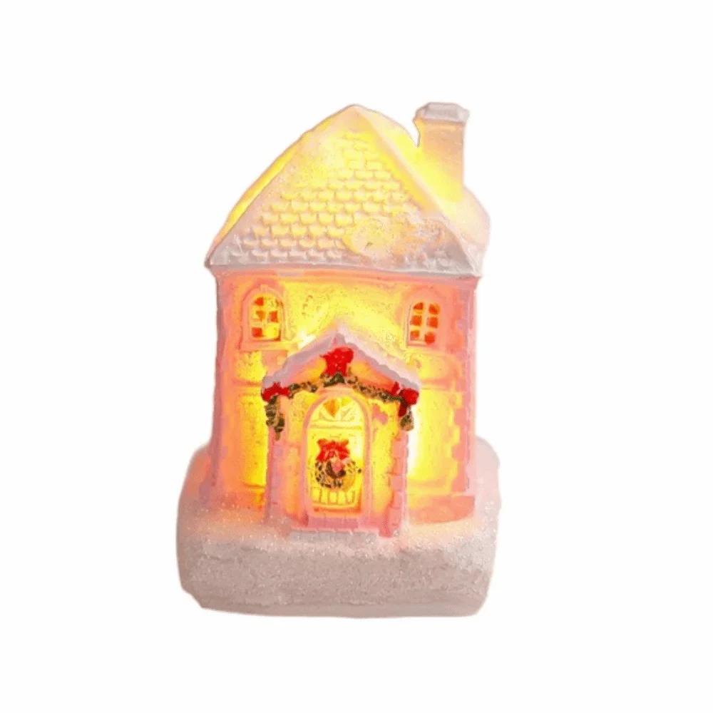 Resin Christmas Glowing Small House Luminous Cute Christmas House Ornament Pink Elegant Christmas Decorations Figurines