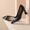  women classic black pu leather high quality slip on square heel shoes lady fashion short shoes zapato tacon alto a6193