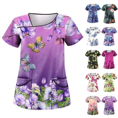 Women's Flower Butterfly Print Work Clothes With Skew Collar And  Pocket Basic Tops Pullover