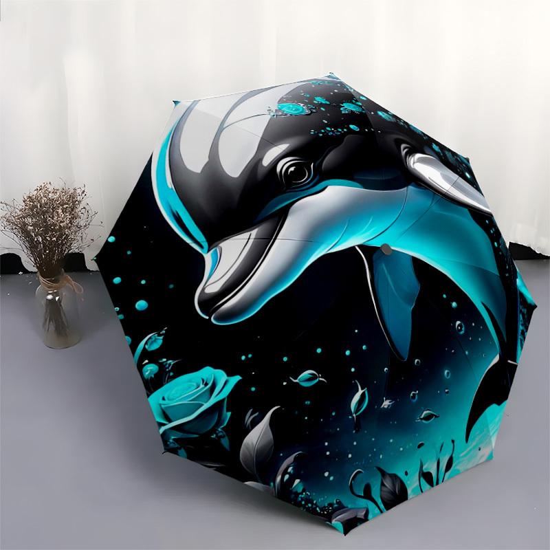 1pc Oceanic Dreams: Dolphin & Blue Roses Umbrella with Plastic Handle,Suitable for All Seasons Home Travel Outdoor UmbrellaDD348
