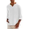 Mens Linen Cotton V-Neck Shirt - Breathable Comfortable Solid Color Long Sleeve Casual Loose Fit Hawaiian Style Blouse