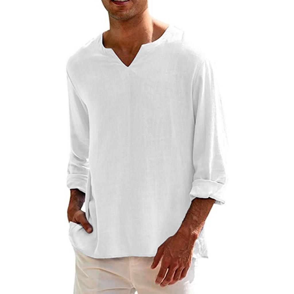 Mens Linen Cotton V-Neck Shirt - Breathable Comfortable Solid Color Long Sleeve Casual Loose Fit Hawaiian Style Blouse