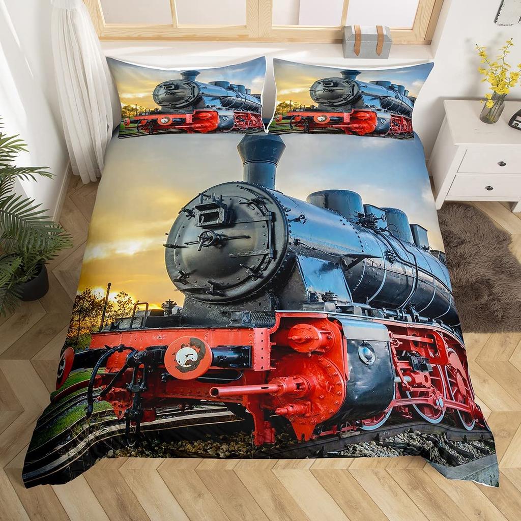 Cartoon Train Duvet Cover Set Black Trains Bedding Set Boys Teens Men Bedroom Single Double Comforter Cover Decor Quilt Covers