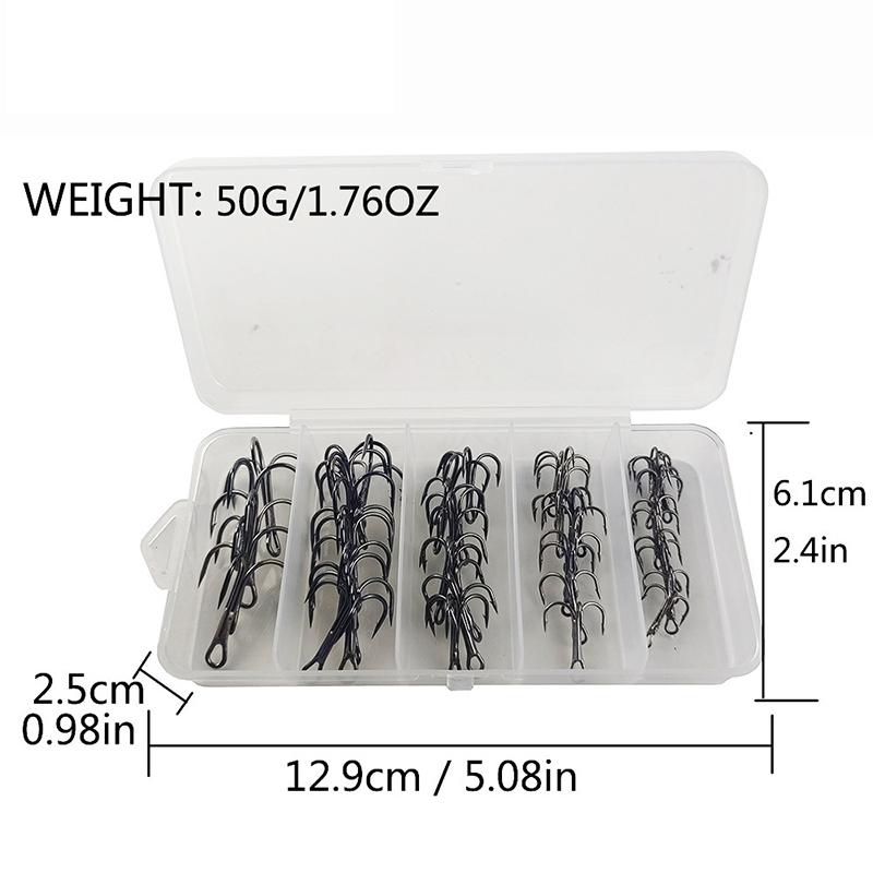 High Carbon Steel Treble Hooks 50Pcs Sharp Round Bend Strong Fish Hook Kit Split Rings for Lure Fishing