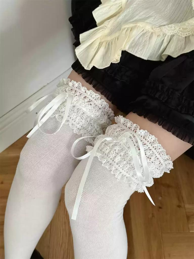 Stockings Women Japanese Style Solid Color Long Socks Thigh High Stockings Sweet Girls Lolita Lace Ruffle Socks Thigh High Socks