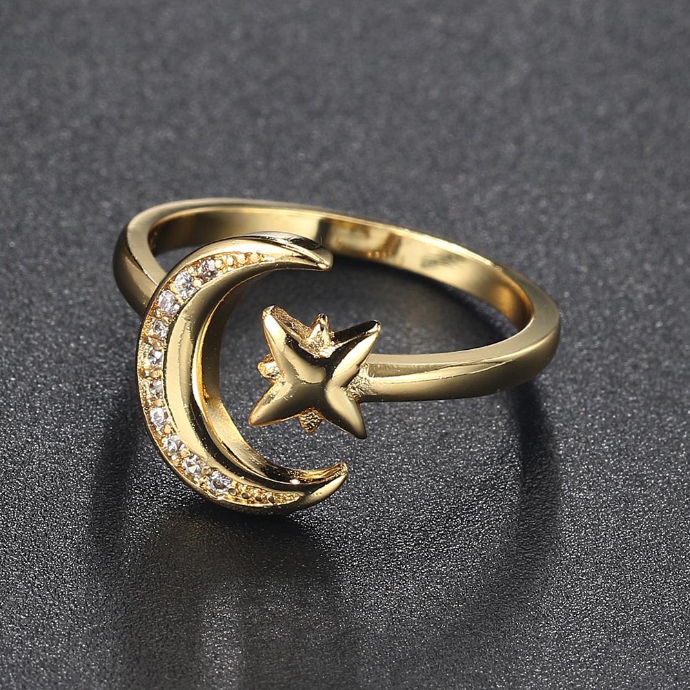 Star Moon Ring for Women Adjustable Micro Inlaid Zircon Gold Open Finger Accessories Female Jewelry Gift R605