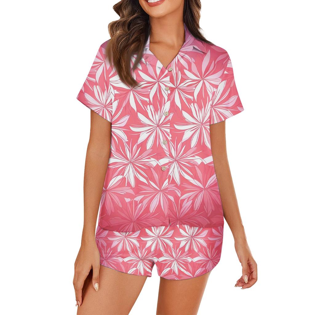 Women's Ice Silk Pajamas Button Homewear Hawaiian Print Short Sleeve Satin Pajama Set