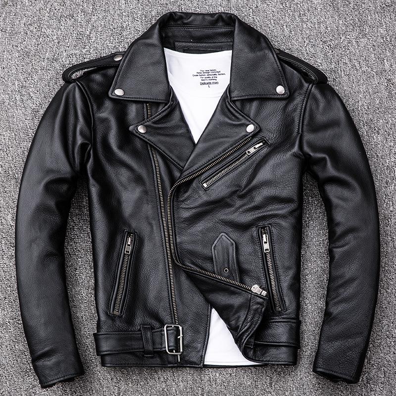 Spring Classical Motorcycle Oblique Zipper Jackets Men Leather Natural Calf Skin Thick Slim Cowhide Moto Biker Man