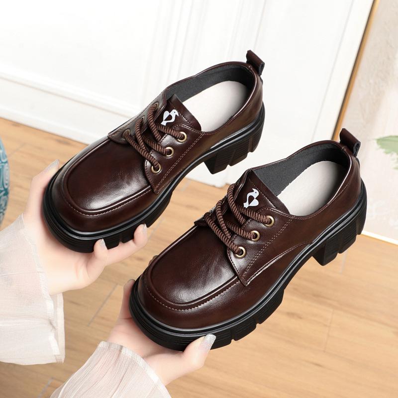 Height-enhancing British Style Leather Shoes for Women Thick-soled Lace-up Loafers Black Versatile Thick-heeled Shoes