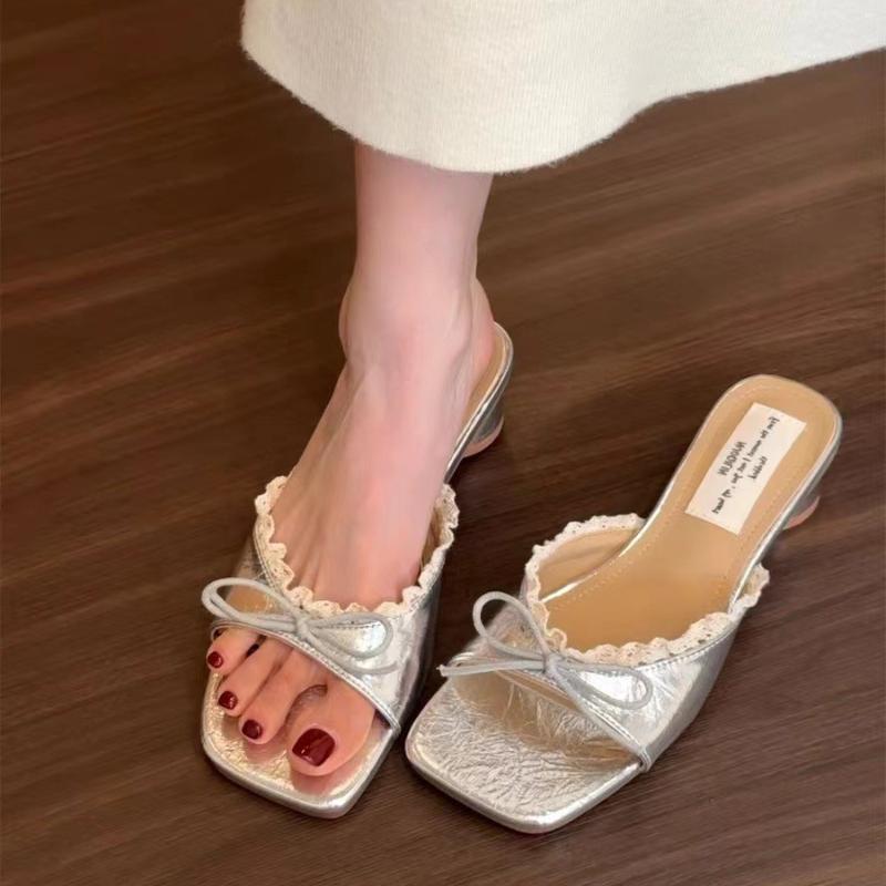 Fashion Elegant Lace Bow Embellished Brand Slippers Women Fashion Sexy Square Toe Open Toe Slide Sandals Sweet Sandalias Mujer De Verano