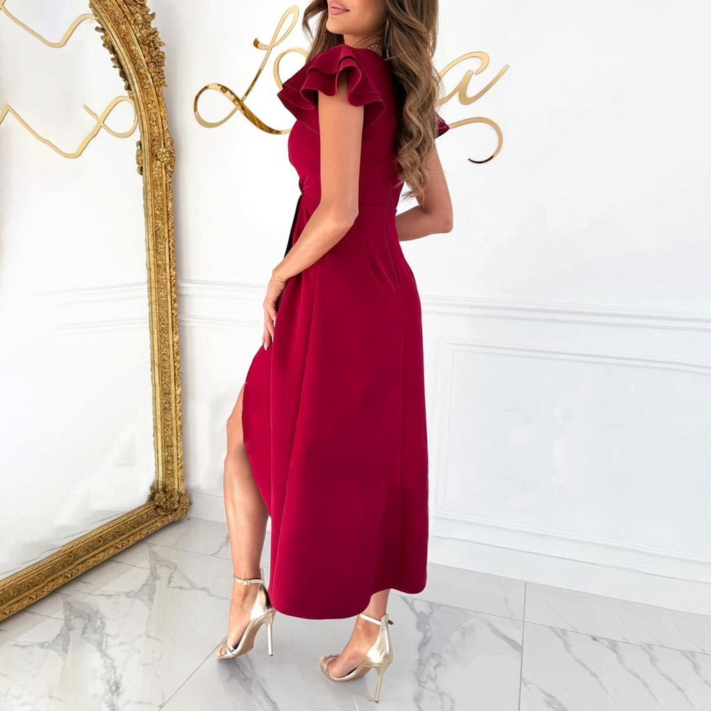 Women's  V Neck Elegant Party Dress Ruffle Cap Sleeve Wedding Guest Dresses