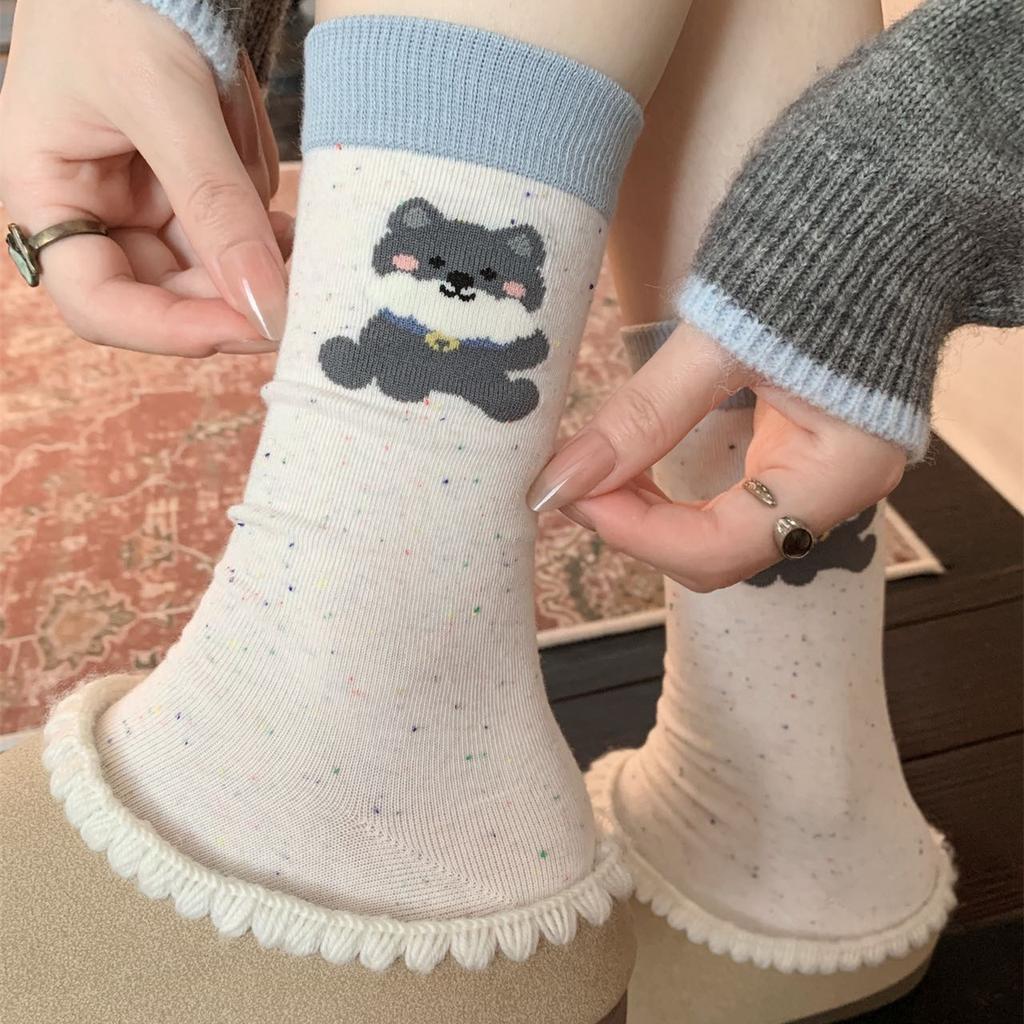 Little Dog Embroidery Gray-blue Series Socks, Women's Mid-calf Socks, Versatile Cotton Socks, Boneless Cartoon Cute Pile Socks