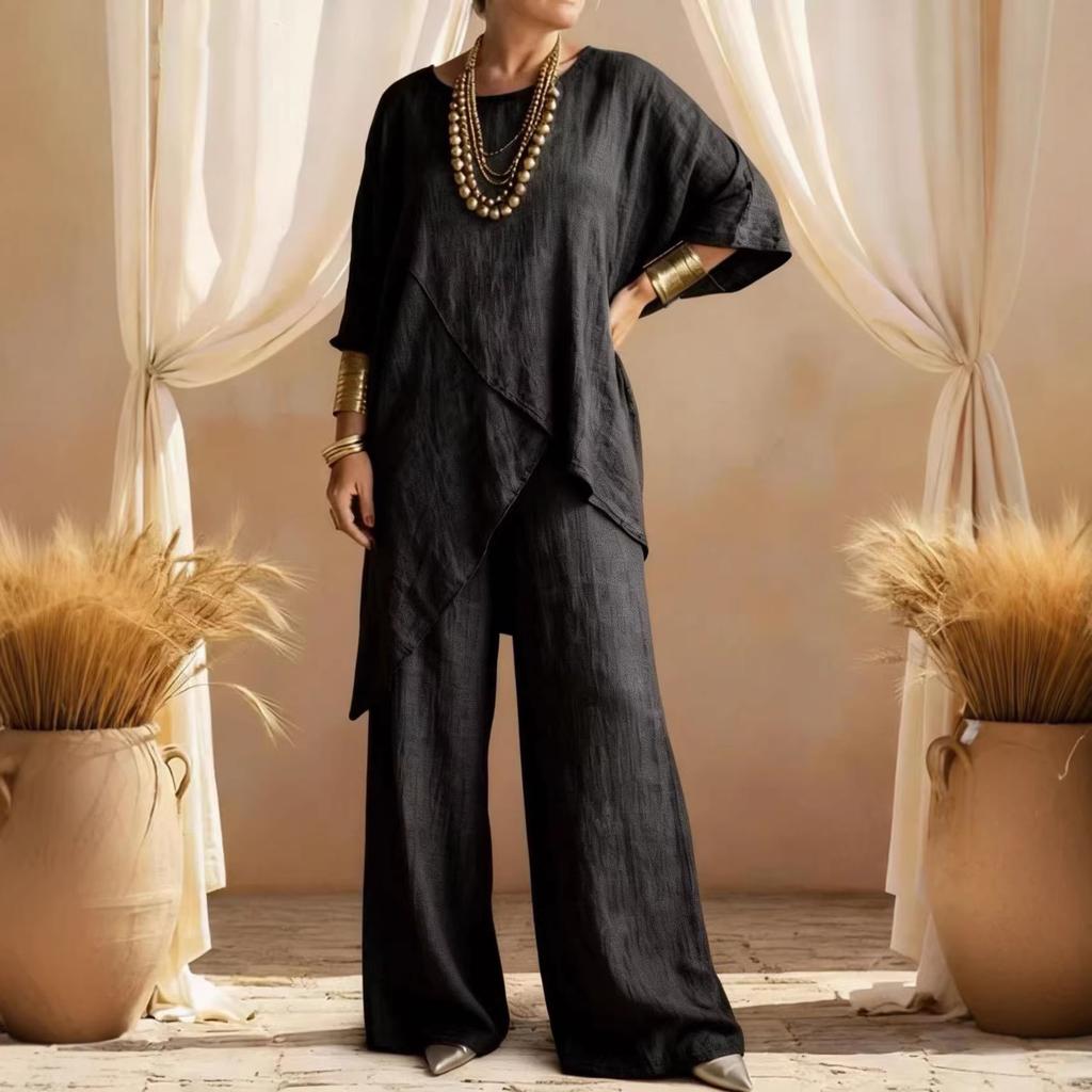 2026 summer European and American cross-border Amazon two-piece women's clothing cotton and linen sleeves loose casual irregular hem set