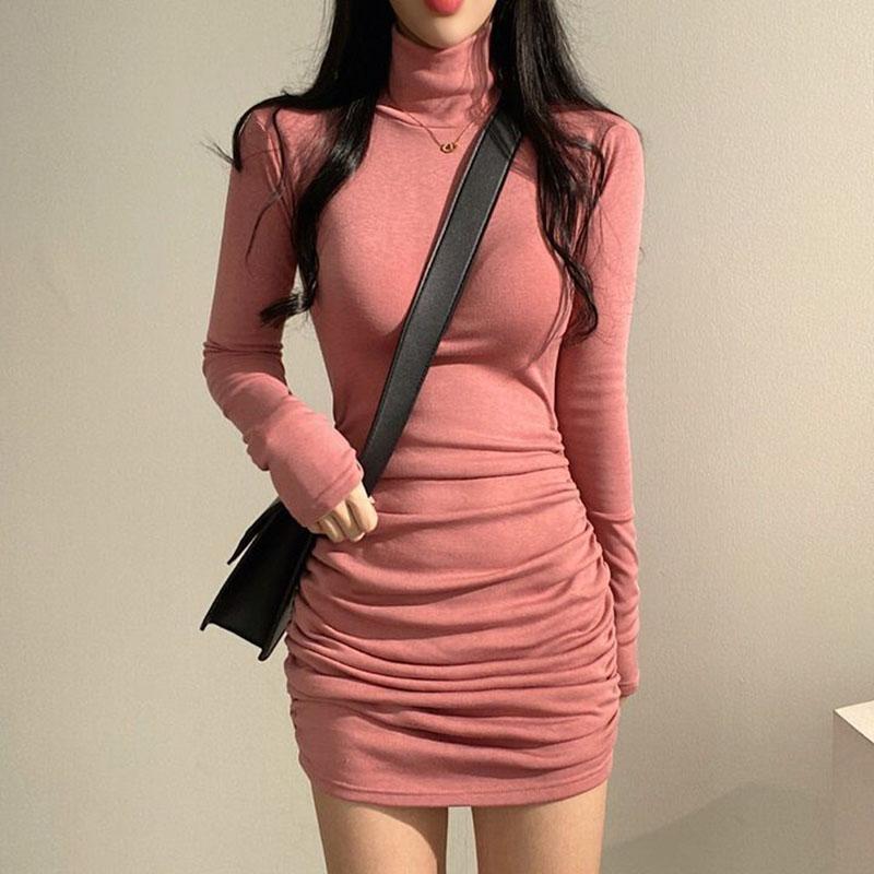 Sexy High Waist Bandage Dresses for Women Thicken Slim Elastic Turtleneck Dress Woman Solid Color Long Sleeve Inner Wear Dresses