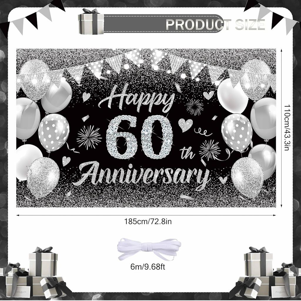 Happy 60th Anniversary Banner Decor Black Silver – Glitter Love Heart Happy 60 Years Wedding Anniversary Party Backdrop Theme Decorations for Women