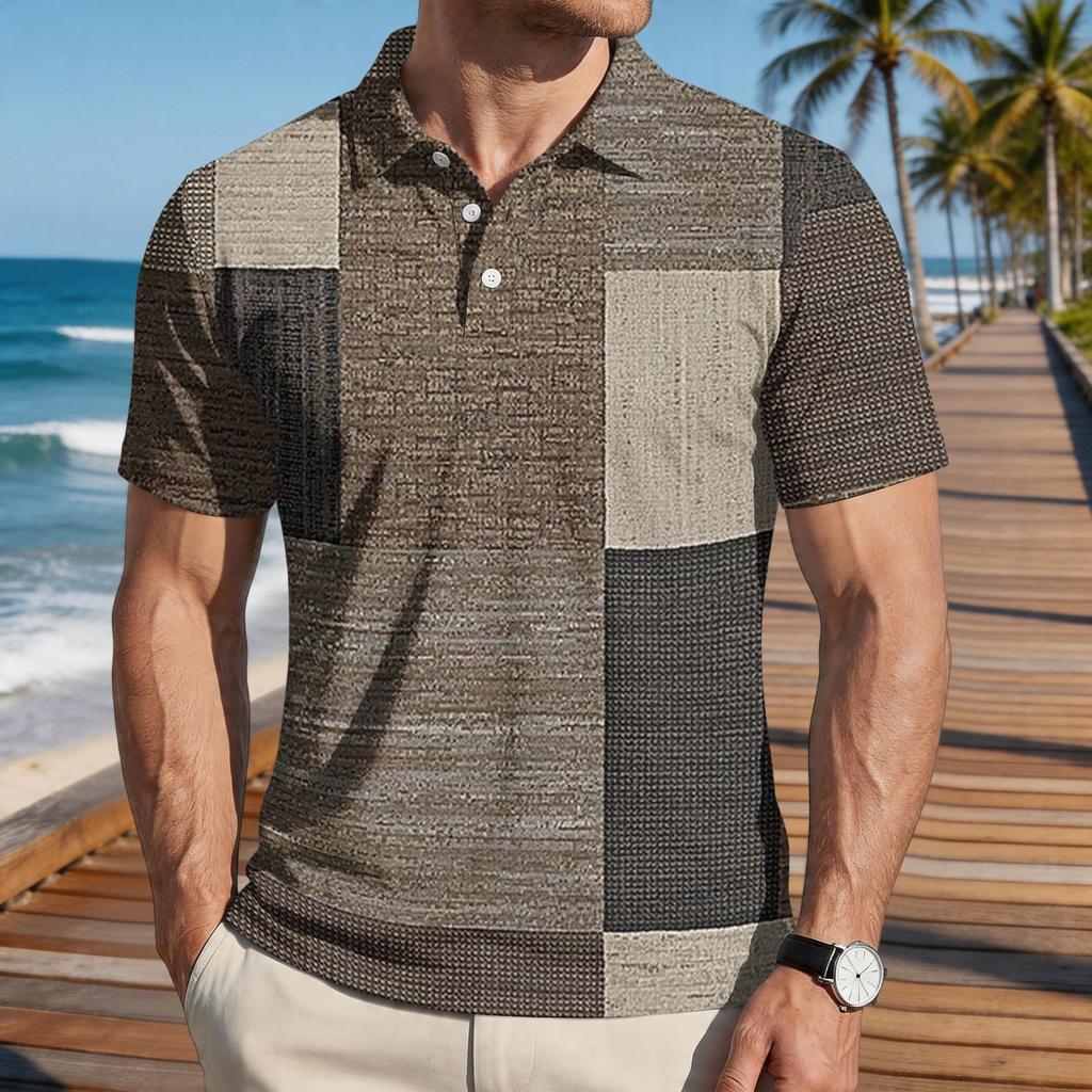 Mens Loose Fit Casual Plaid Print Short Sleeve Polo Shirt Classic Turn Down Collar Soft Lightweight Top