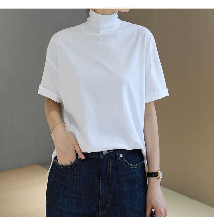 Women's Turtleneck Short Sleeve Tee Loose Fit Casual Basic Top Solid Color Summer Daily Wear