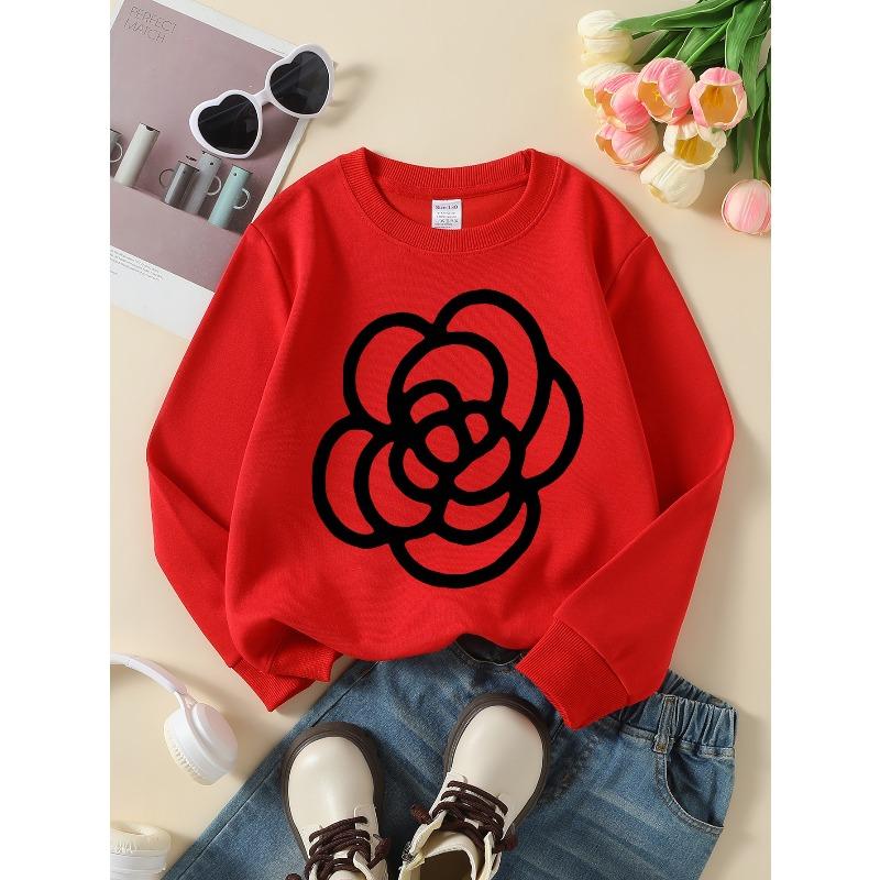 Black And White Floral Patterned Crewneck Sweatshirt for Girls, Suitable for Machine Washing. Ideal for Spring And Autumn,