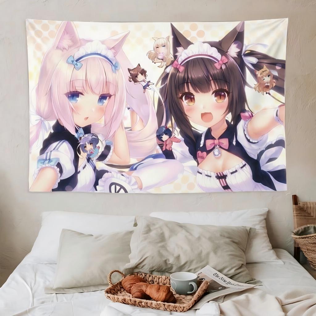 1pc N-Nekopara C-Chocola Vanilla Maid Tapestry Polka Dot Background Wall Hanging Kawaii Decor Teen Girls Bedroom Dorm Fans Gift