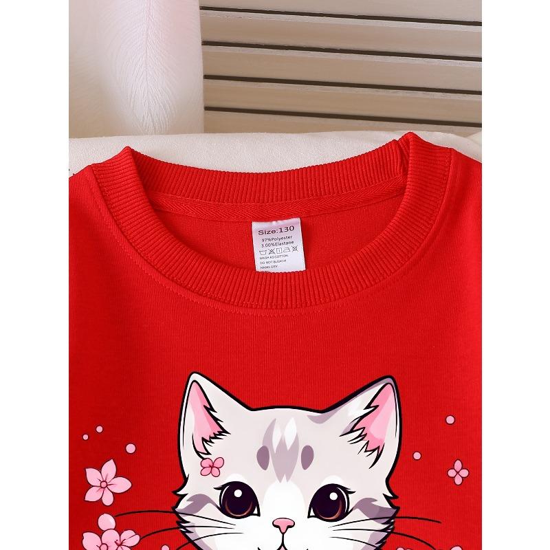 European Sizes Girls Soft Crewneck Sweatshirt Cute Kitten with Cherry Blossoms Print, Casual All-Match, Ideal Holiday Present
