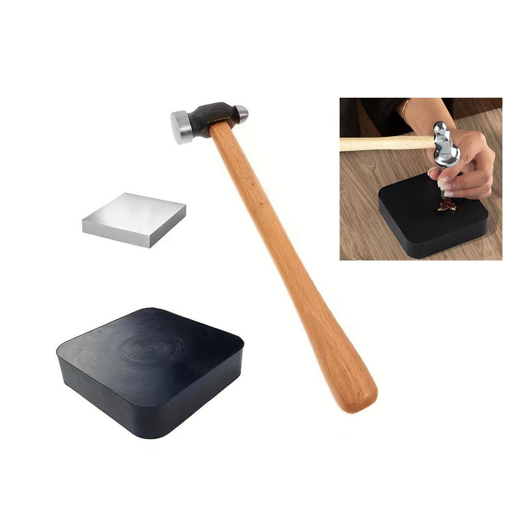 3Pieces Jewelry Making Tool Set Silicone Mat Wooden Base Iron Hammer Head Professional Stamping Hammer for Repairing