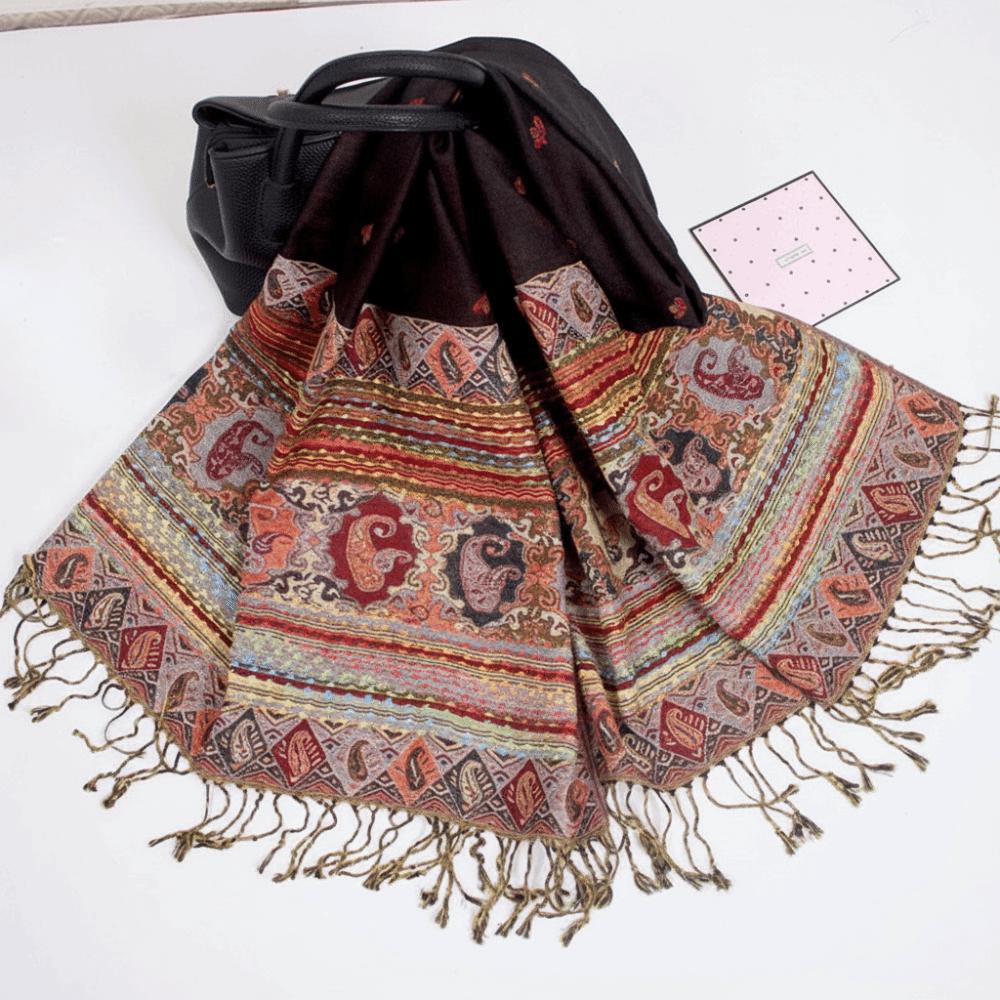 Retro Long Cashew Jacquard Scarf with Tassel Soft Shawls and Wraps Polyester Print Headscarf чёрный